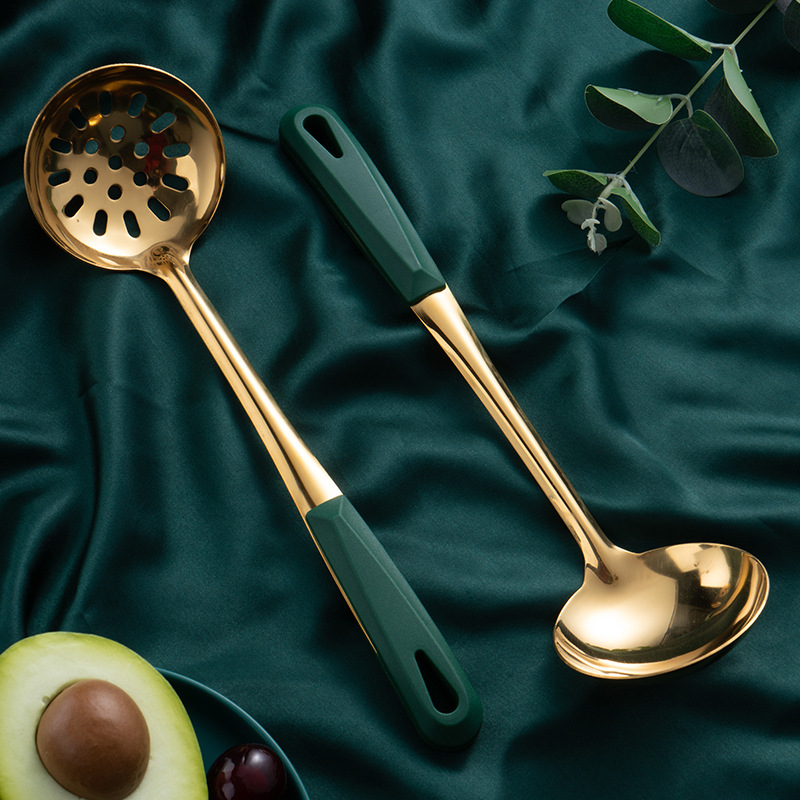 New 304 Stainless Steel Soup Ladle Colander Long Handle Hot Pot Spoon Ins Dark Green Gold Plated Soup Ladle Kitchen Set Wholesale