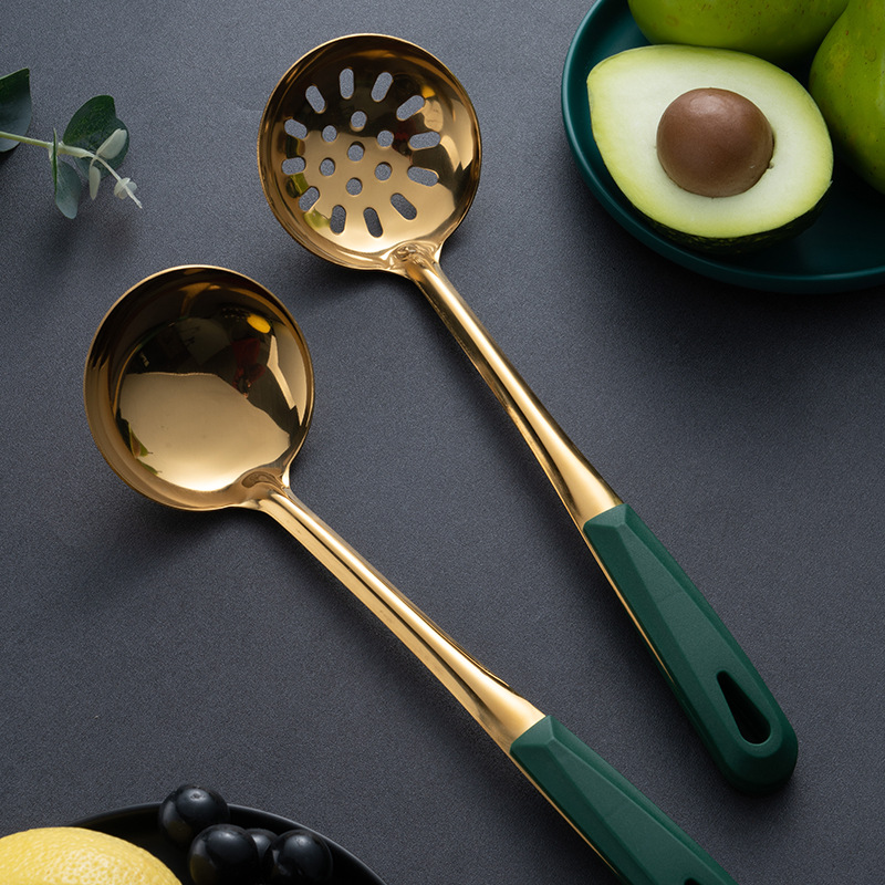 New 304 Stainless Steel Soup Ladle Colander Long Handle Hot Pot Spoon Ins Dark Green Gold Plated Soup Ladle Kitchen Set Wholesale