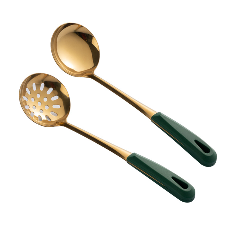 New 304 Stainless Steel Soup Ladle Colander Long Handle Hot Pot Spoon Ins Dark Green Gold Plated Soup Ladle Kitchen Set Wholesale