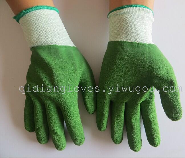 Green plastic gloves, white yarn hang glass wave pattern, gloves, gloves