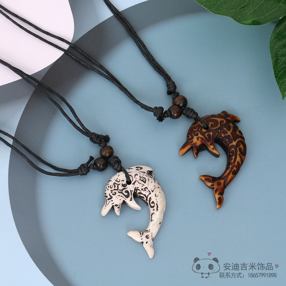 Factory Direct Sales Dolphin Necklace Pendant Men&#039;s Imitation Bone Carving Wooden Bead Hang Rope Scenic Spot Travel Commemorative Ornament Wholesale