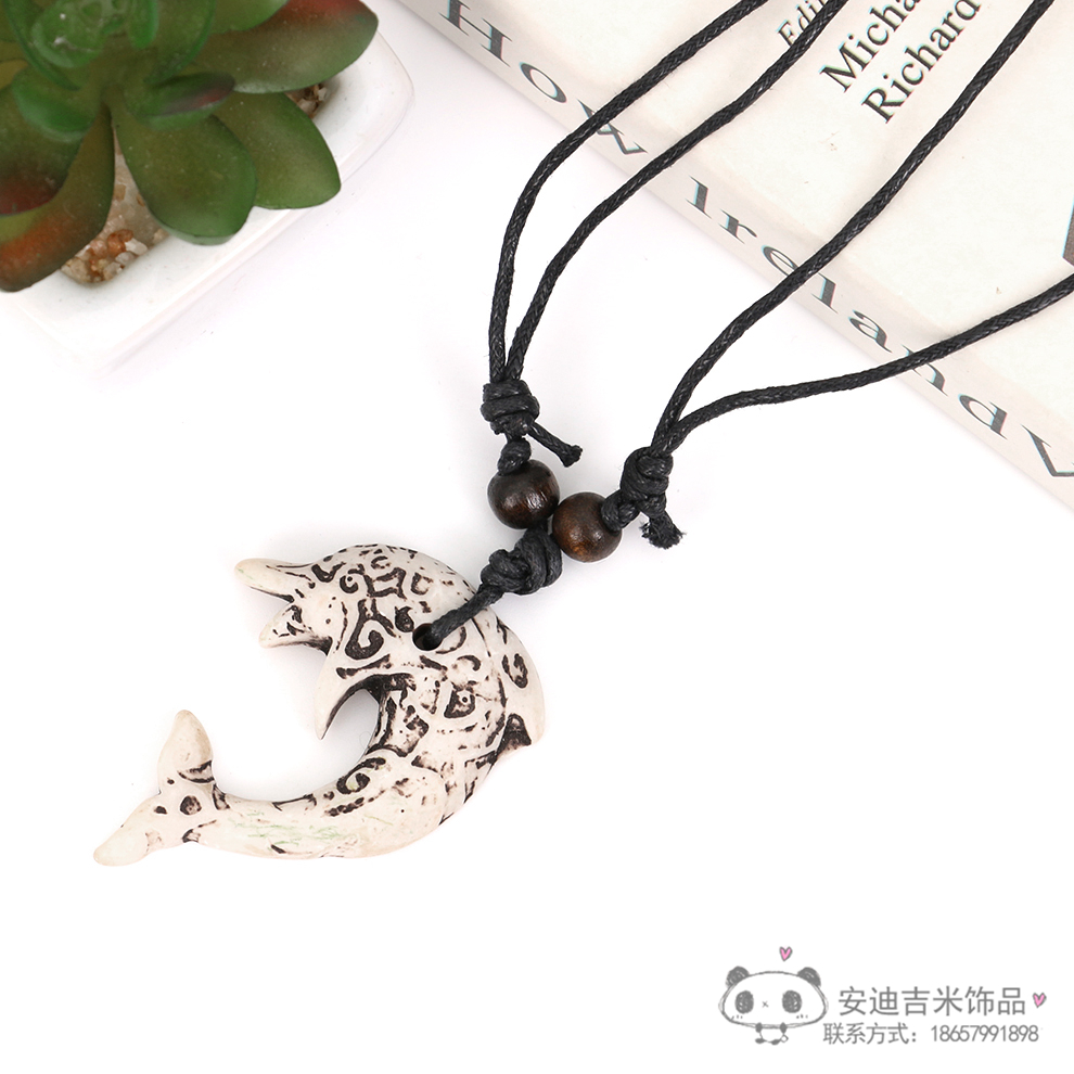 Factory Direct Sales Dolphin Necklace Pendant Men&#039;s Imitation Bone Carving Wooden Bead Hang Rope Scenic Spot Travel Commemorative Ornament Wholesale