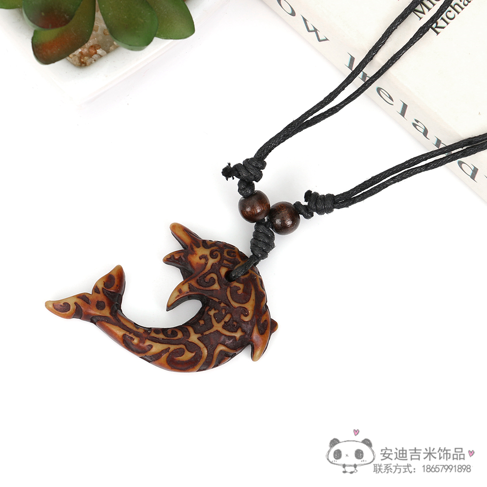 Factory Direct Sales Dolphin Necklace Pendant Men&#039;s Imitation Bone Carving Wooden Bead Hang Rope Scenic Spot Travel Commemorative Ornament Wholesale