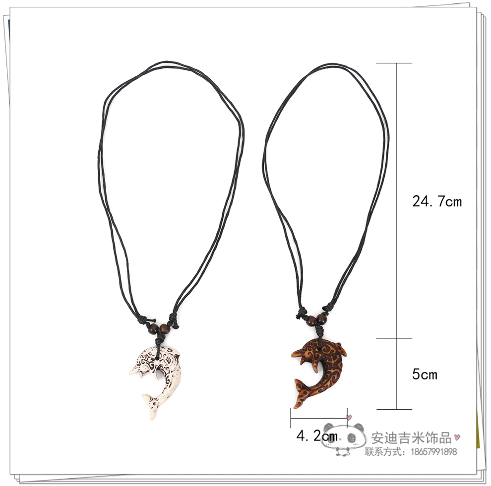 Factory Direct Sales Dolphin Necklace Pendant Men's Imitation Bone Carving Wooden Bead Hang Rope Scenic Spot Travel Commemorative Ornament Wholesale