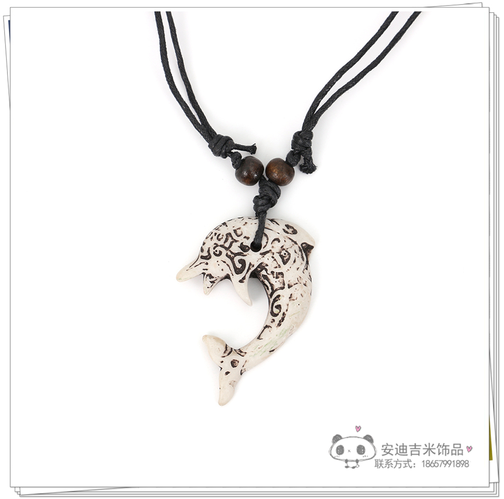 Factory Direct Sales Dolphin Necklace Pendant Men's Imitation Bone Carving Wooden Bead Hang Rope Scenic Spot Travel Commemorative Ornament Wholesale