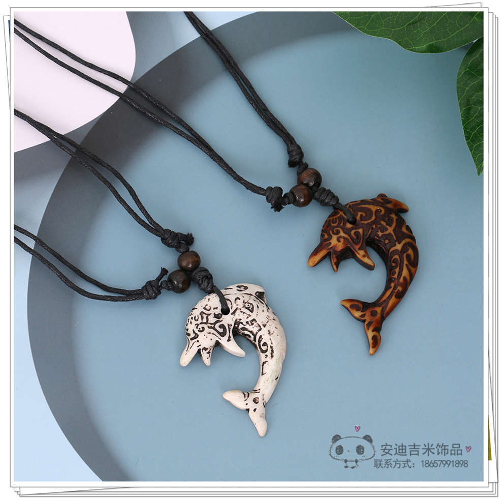 Factory Direct Sales Dolphin Necklace Pendant Men's Imitation Bone Carving Wooden Bead Hang Rope Scenic Spot Travel Commemorative Ornament Wholesale