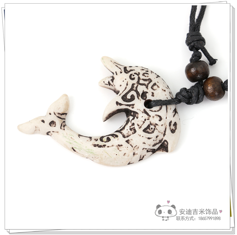 Factory Direct Sales Dolphin Necklace Pendant Men's Imitation Bone Carving Wooden Bead Hang Rope Scenic Spot Travel Commemorative Ornament Wholesale