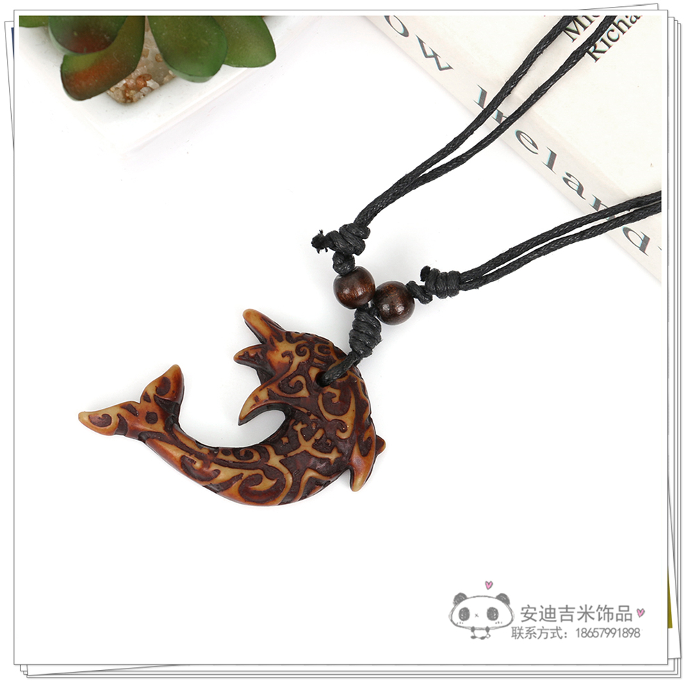 Factory Direct Sales Dolphin Necklace Pendant Men's Imitation Bone Carving Wooden Bead Hang Rope Scenic Spot Travel Commemorative Ornament Wholesale