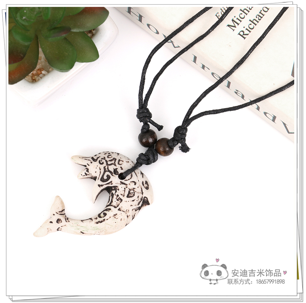 Factory Direct Sales Dolphin Necklace Pendant Men's Imitation Bone Carving Wooden Bead Hang Rope Scenic Spot Travel Commemorative Ornament Wholesale