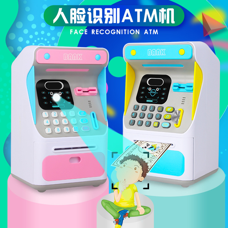 Simulation Face Recognition ATM Machine Money Box Simulation Password Automatic Roll Money Safe Coin Bank Educational Toys