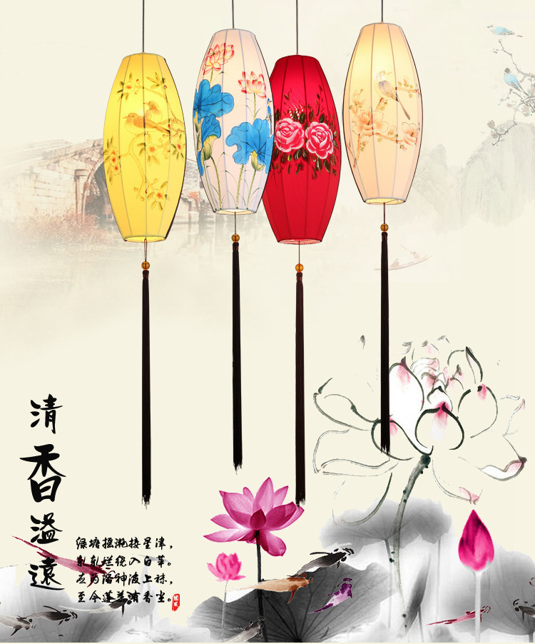 New Chinese Fabric Hand Painting Olive Chandelier Creative Restaurant Hot Pot Restaurant Red Lantern Chandelier Antique GD Lamps