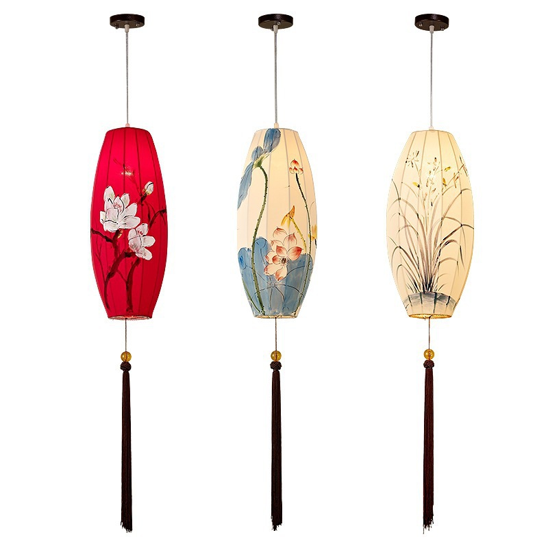 New Chinese Fabric Hand Painting Olive Chandelier Creative Restaurant Hot Pot Restaurant Red Lantern Chandelier Antique GD Lamps