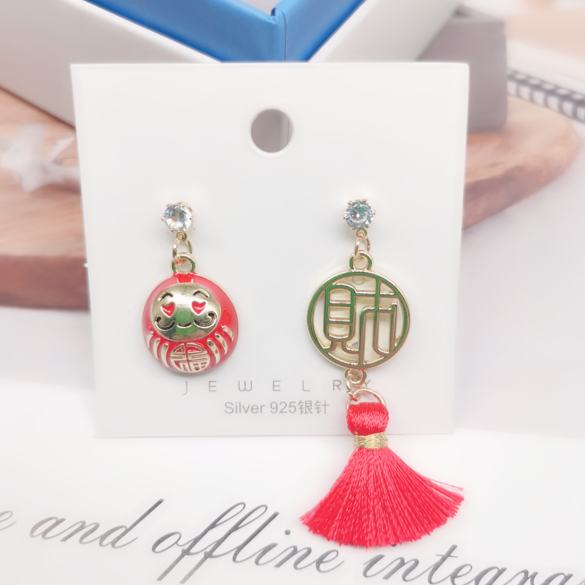 Sterling Silver Needle Fashion Creative Asymmetric Chinese Knot Lucky Cat Lantern Earrings for New Year XI Character Bridal Earrings Female