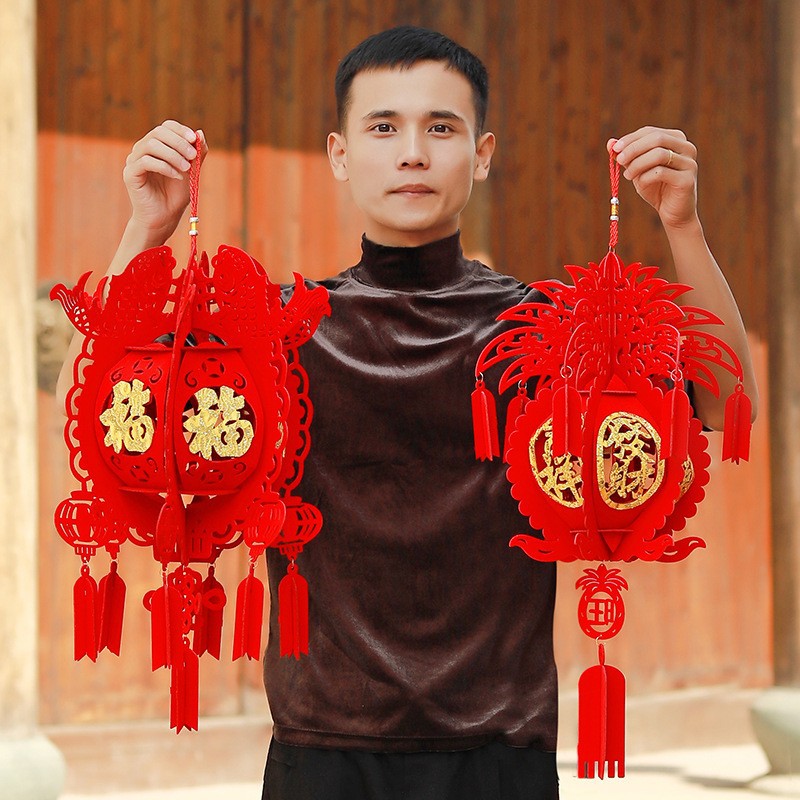 Wholesale New Chinese New Year Decoration Flocking Felt Non-Woven Lantern New Year Supplies New Year&#039;s Day Fu Character GD