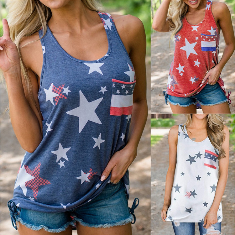 AliExpress Amazon New Cross-Border Women&#039;s Clothing US Independence Day Sleeveless Flag Print Loose Casual Vest