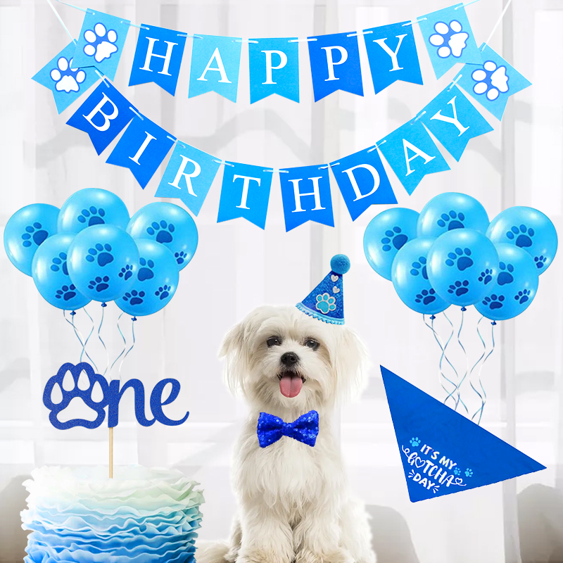 Pet Birthday Blue Suit Happy Birthday Dovetail Hanging Flag Dog&#039;s Paw One Inserts Birthday Hat Balloon