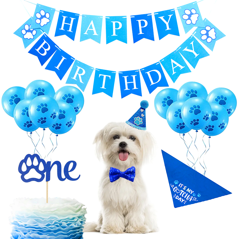 Pet Birthday Blue Suit Happy Birthday Dovetail Hanging Flag Dog's Paw One Inserts Birthday Hat Balloon