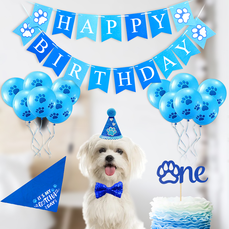 Pet Birthday Blue Suit Happy Birthday Dovetail Hanging Flag Dog's Paw One Inserts Birthday Hat Balloon