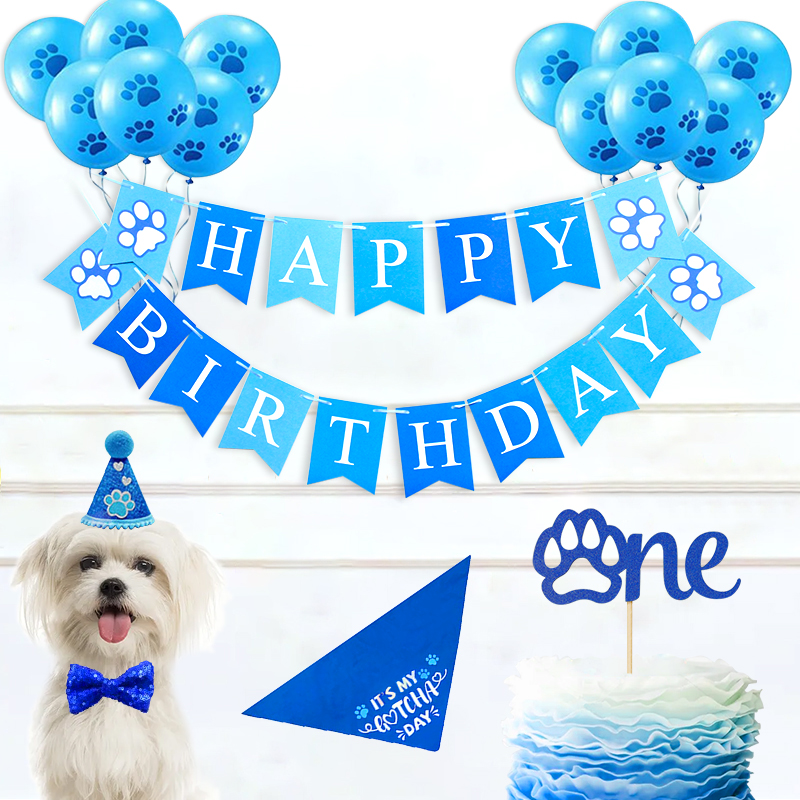 Pet Birthday Blue Suit Happy Birthday Dovetail Hanging Flag Dog's Paw One Inserts Birthday Hat Balloon