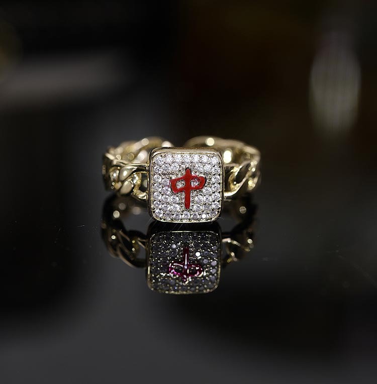 Internet Celebrity Same Zircon New Year Good Luck Fortune Ring Mahjong Red Middle Ring Temperament Entry Lux High Sense Open Ring