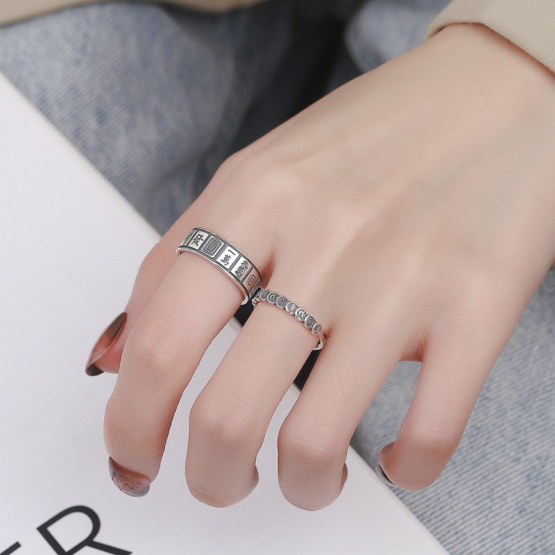 S925 Sterling Silver Qian Duo Fortune Mahjong Ring Female Retro Distressed Ins Trend Thirteen Creative Index Finger Ring
