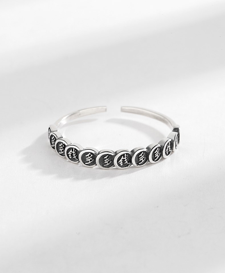 S925 Sterling Silver Qian Duo Fortune Mahjong Ring Female Retro Distressed Ins Trend Thirteen Creative Index Finger Ring