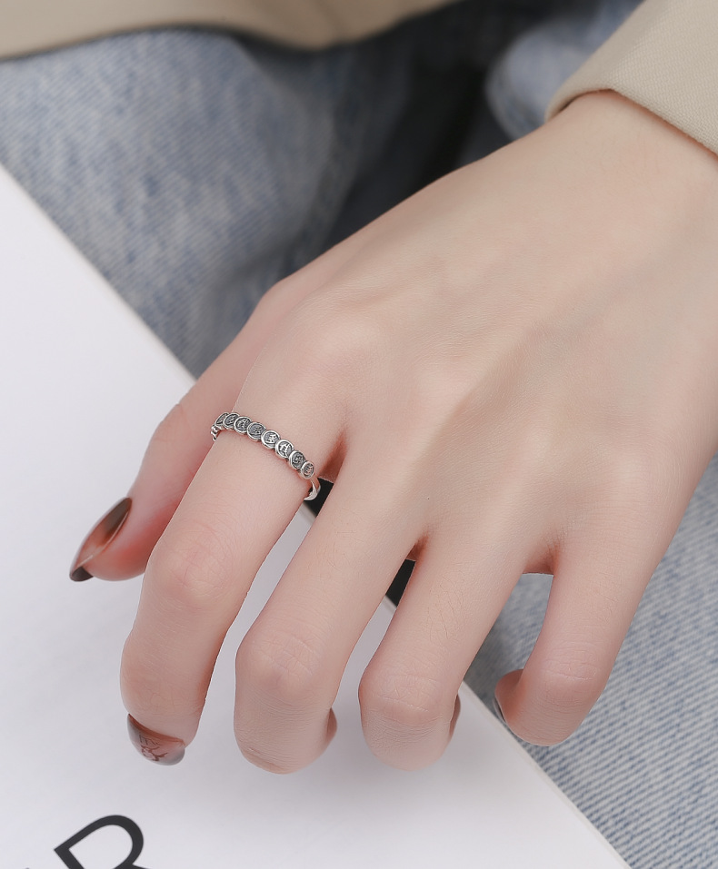 S925 Sterling Silver Qian Duo Fortune Mahjong Ring Female Retro Distressed Ins Trend Thirteen Creative Index Finger Ring