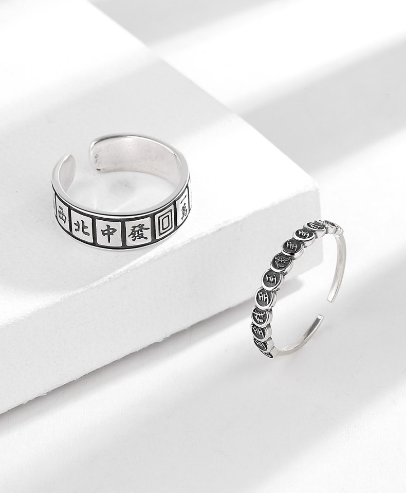 S925 Sterling Silver Qian Duo Fortune Mahjong Ring Female Retro Distressed Ins Trend Thirteen Creative Index Finger Ring