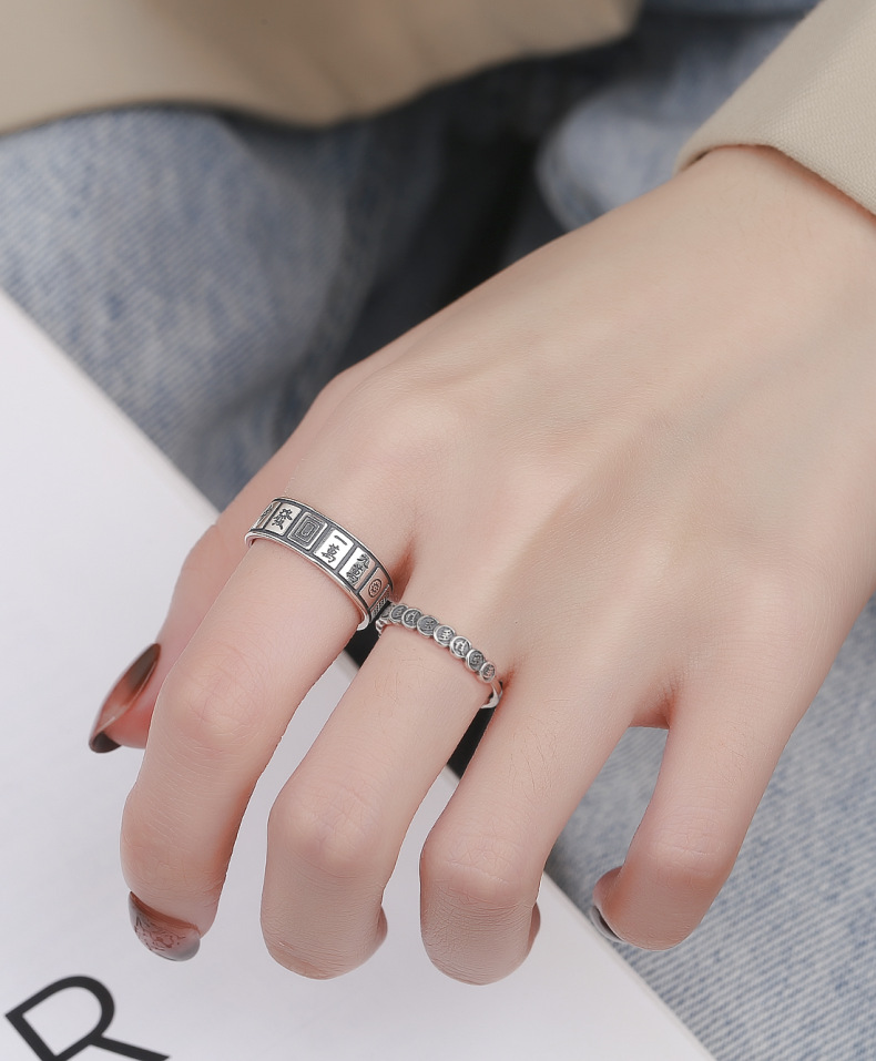 S925 Sterling Silver Qian Duo Fortune Mahjong Ring Female Retro Distressed Ins Trend Thirteen Creative Index Finger Ring