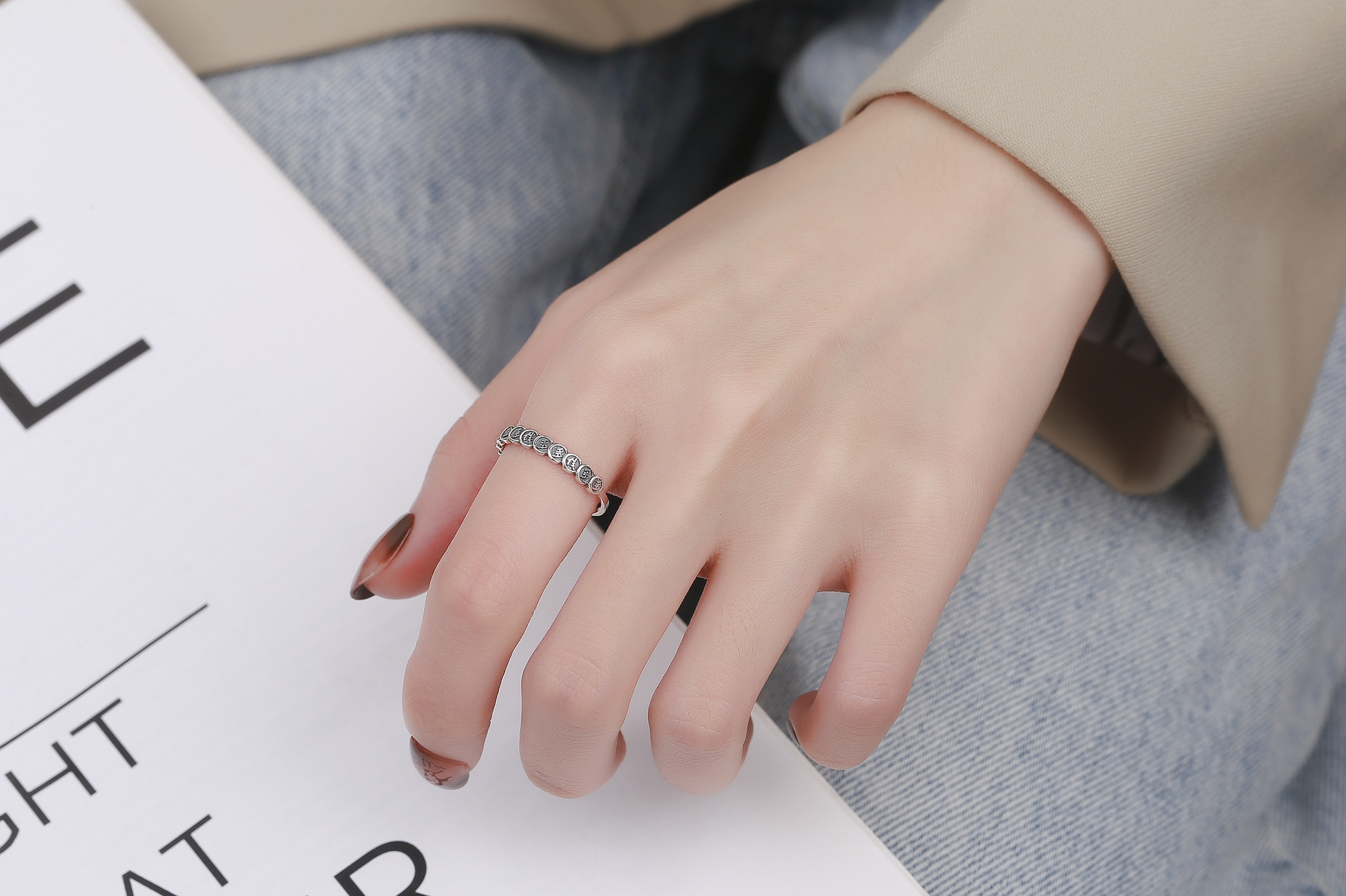 S925 Sterling Silver Qian Duo Fortune Mahjong Ring Female Retro Distressed Ins Trend Thirteen Creative Index Finger Ring