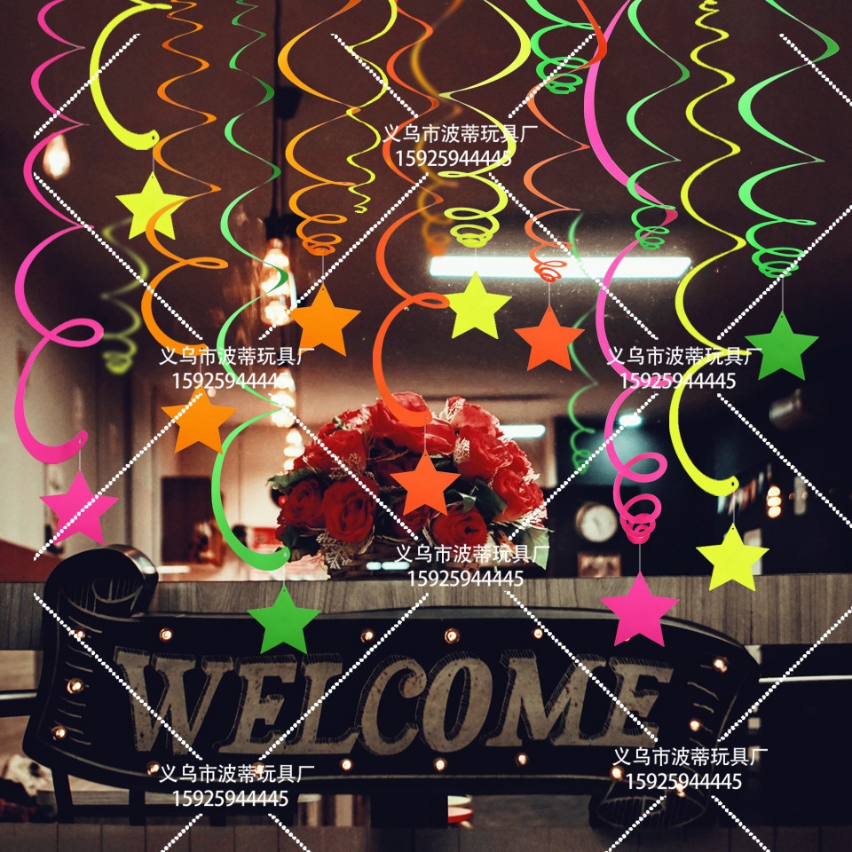 Happy Birthday Fluorescent Party Hanging Flag Birthday Party Latte Art Fluorescent Party Decoration Cross-Border