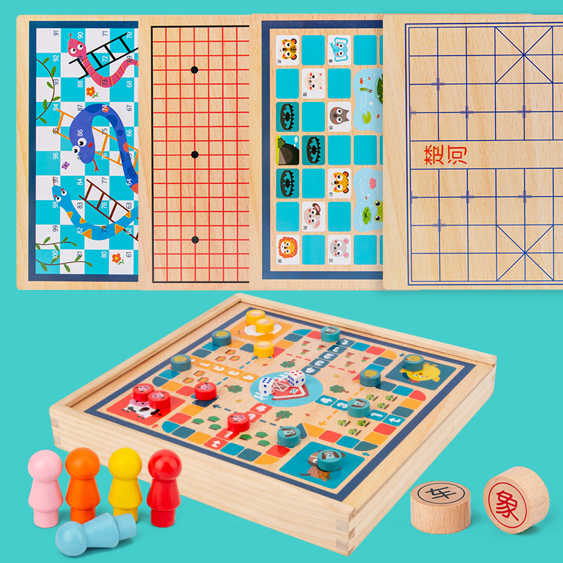 8 in 1 Chess Aeroplane Chess Checkers Army Flag Chess Five-in-a-Row Snakes &amp; Ladders Board Game Children&#039;s Puzzle Early Education Wooden Toys