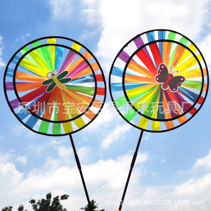 Double-Layer Sequined Windmill Cartoon Colorful Children's Park Stall Night Market Toy Six-Color Cloth Double-Layer Flag Windmill