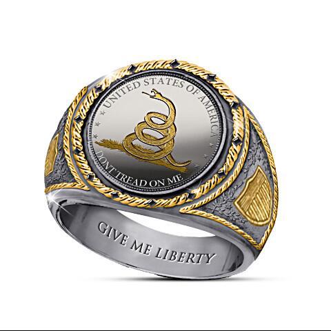 Rongyu American commemorative silver coin flag rattlesnake ring western European and American cowboy double color engraved ring for men
