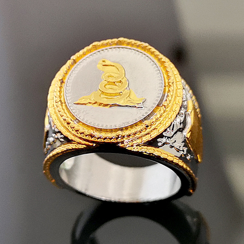 Rongyu American commemorative silver coin flag rattlesnake ring western European and American cowboy double color engraved ring for men