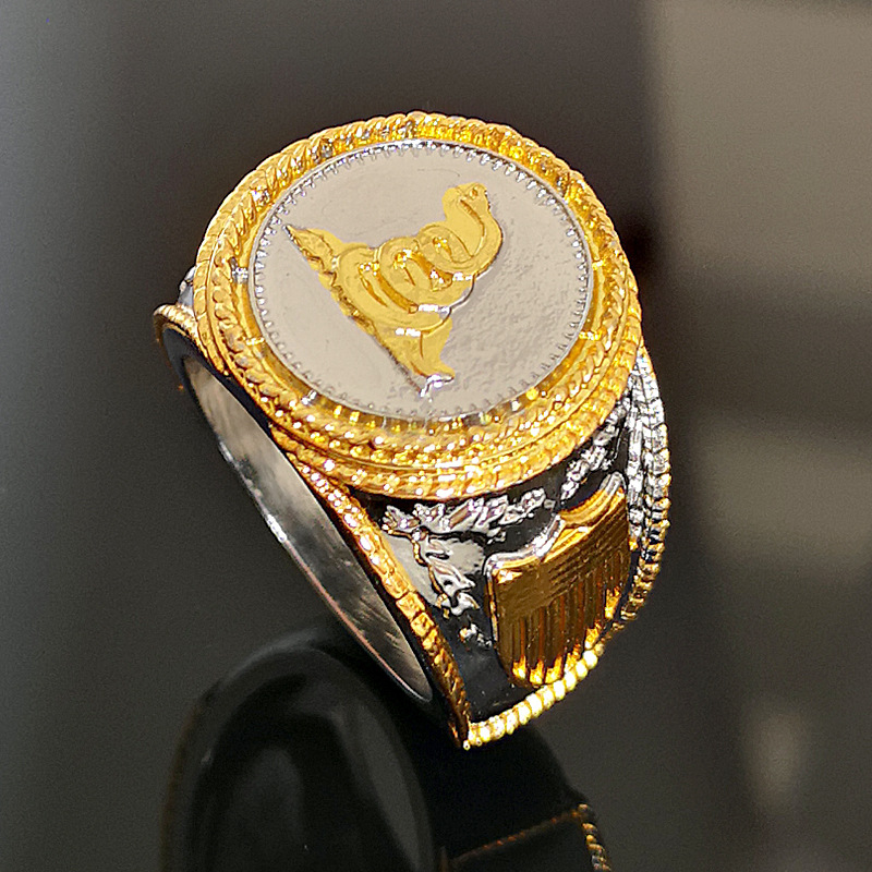 Rongyu American commemorative silver coin flag rattlesnake ring western European and American cowboy double color engraved ring for men