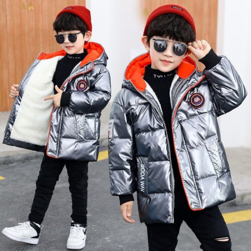 2021 New Boys&#039; Mid-Length Glossy Disposable down Jacket Medium and Big Children Handsome Thick Winter Coat Cotton-Padded Jacket