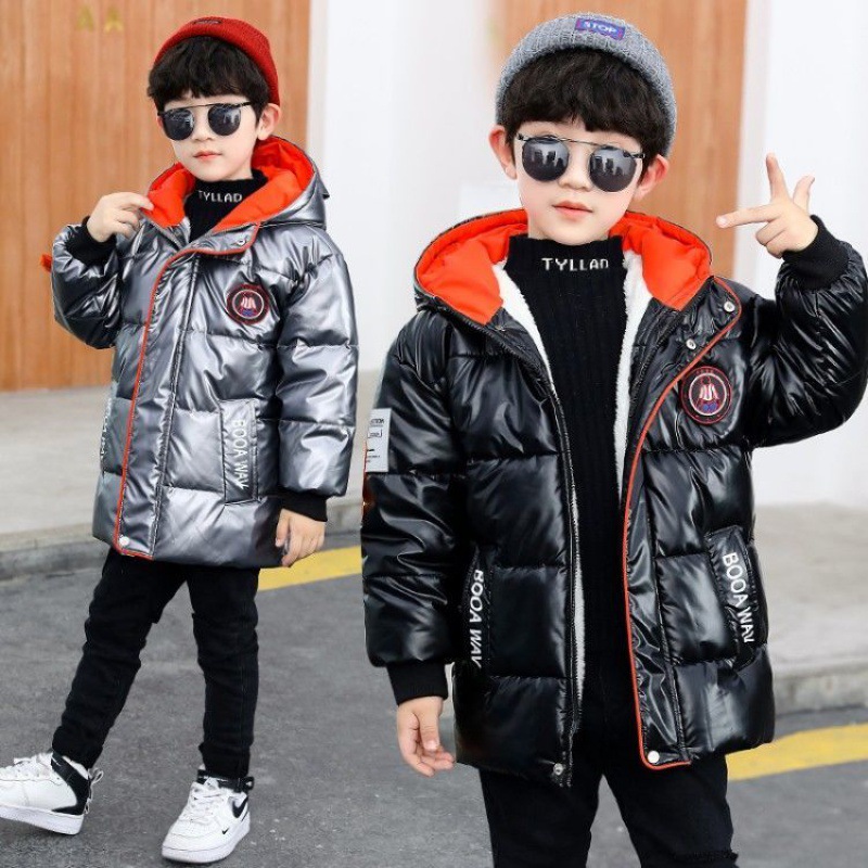 2021 New Boys&#039; Mid-Length Glossy Disposable down Jacket Medium and Big Children Handsome Thick Winter Coat Cotton-Padded Jacket