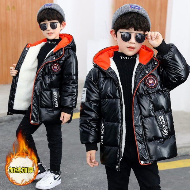 2021 New Boys&#039; Mid-Length Glossy Disposable down Jacket Medium and Big Children Handsome Thick Winter Coat Cotton-Padded Jacket