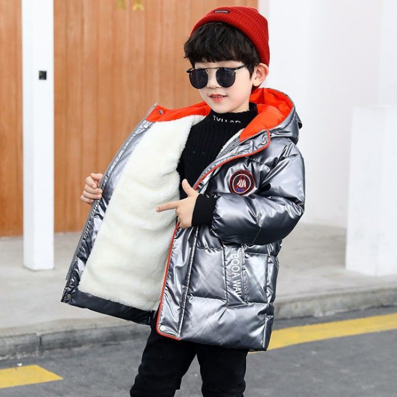 2021 New Boys&#039; Mid-Length Glossy Disposable down Jacket Medium and Big Children Handsome Thick Winter Coat Cotton-Padded Jacket