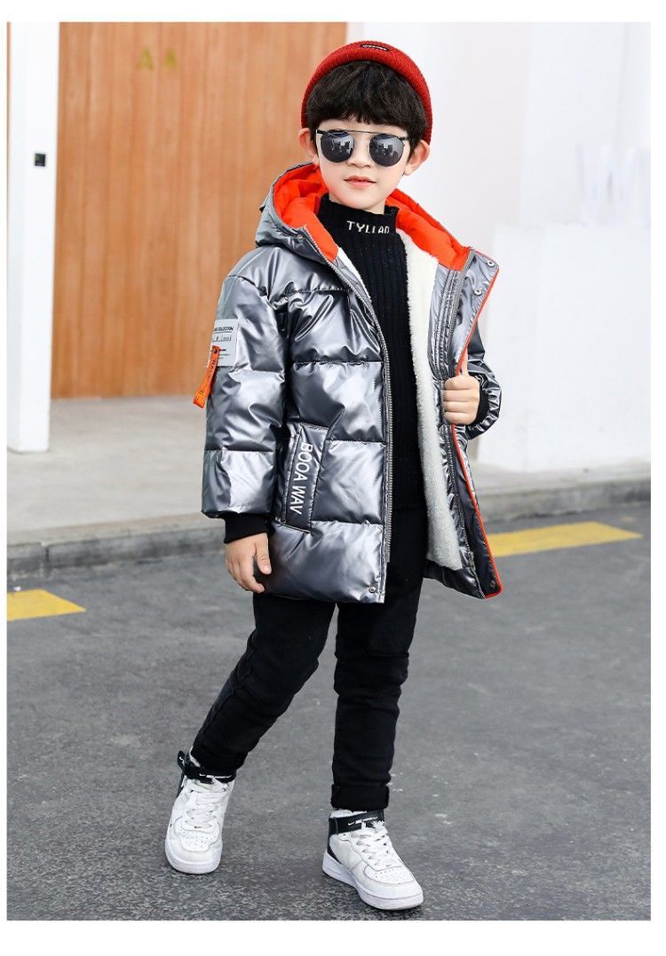 2021 New Boys' Mid-Length Glossy Disposable down Jacket Medium and Big Children Handsome Thick Winter Coat Cotton-Padded Jacket