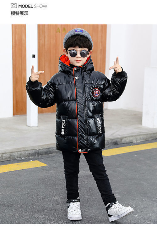 2021 New Boys' Mid-Length Glossy Disposable down Jacket Medium and Big Children Handsome Thick Winter Coat Cotton-Padded Jacket