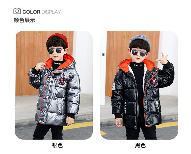 2021 New Boys' Mid-Length Glossy Disposable down Jacket Medium and Big Children Handsome Thick Winter Coat Cotton-Padded Jacket