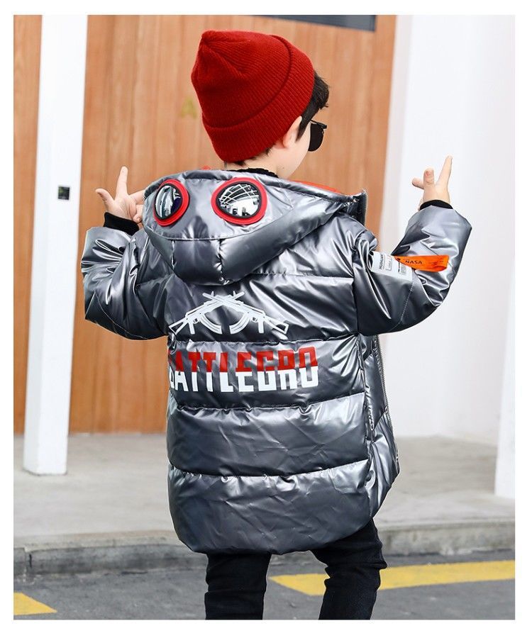 2021 New Boys' Mid-Length Glossy Disposable down Jacket Medium and Big Children Handsome Thick Winter Coat Cotton-Padded Jacket