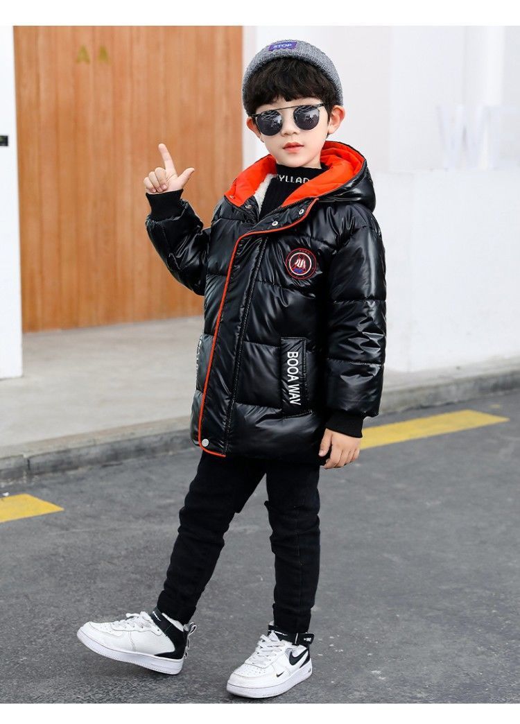 2021 New Boys' Mid-Length Glossy Disposable down Jacket Medium and Big Children Handsome Thick Winter Coat Cotton-Padded Jacket