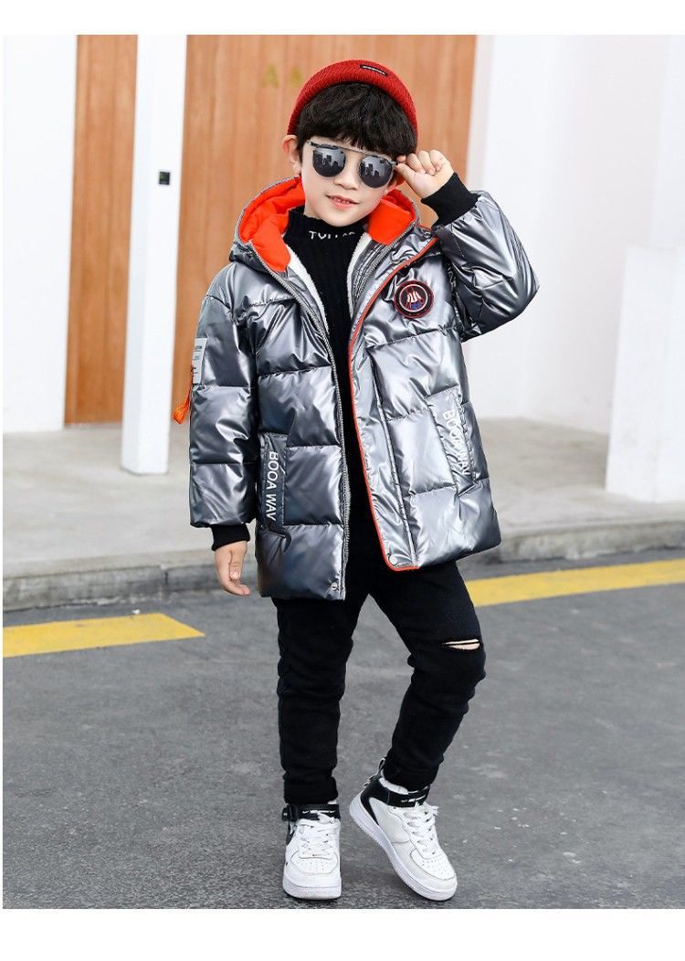 2021 New Boys' Mid-Length Glossy Disposable down Jacket Medium and Big Children Handsome Thick Winter Coat Cotton-Padded Jacket