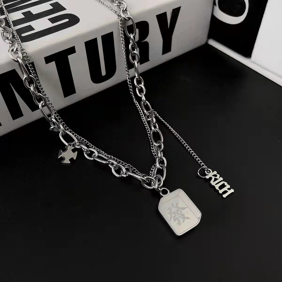 New Ins Style Titanium Steel Square Plate Double Layer Fortune Necklace Hip Hop Clavicle Chain Sweater Chain Sweater Chain Fashion Temperament Female