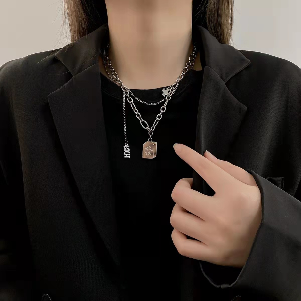 New Ins Style Titanium Steel Square Plate Double Layer Fortune Necklace Hip Hop Clavicle Chain Sweater Chain Sweater Chain Fashion Temperament Female