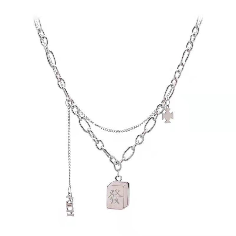 New Ins Style Titanium Steel Square Plate Double Layer Fortune Necklace Hip Hop Clavicle Chain Sweater Chain Sweater Chain Fashion Temperament Female