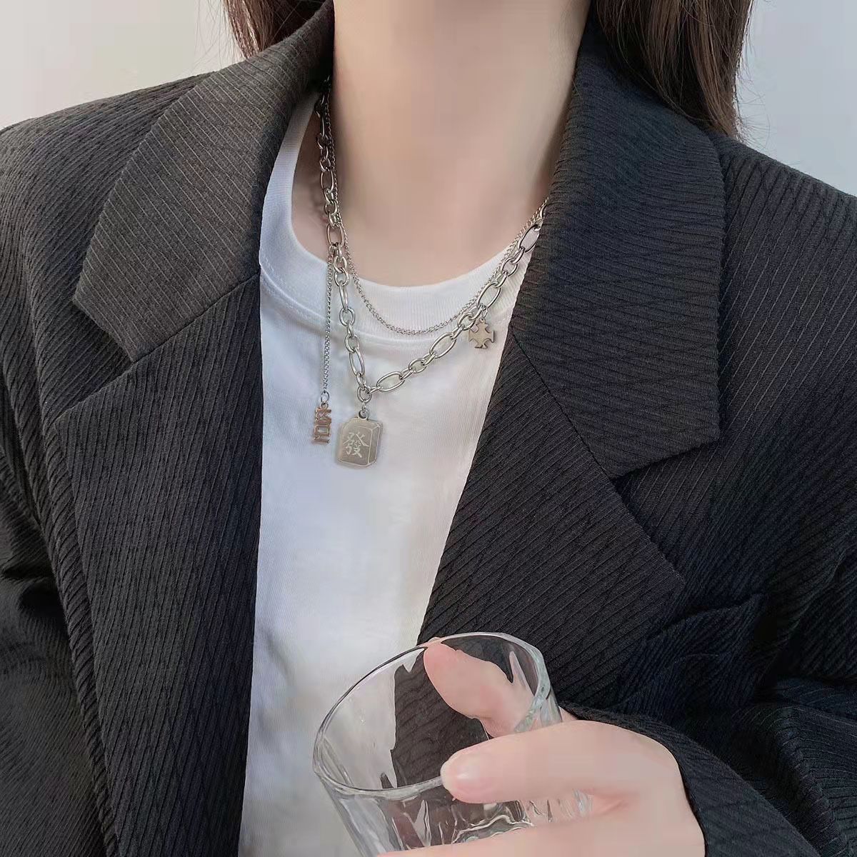 New Ins Style Titanium Steel Square Plate Double Layer Fortune Necklace Hip Hop Clavicle Chain Sweater Chain Sweater Chain Fashion Temperament Female New Ins Style Titanium Steel Square Plate Double Layer Fortune Necklace Hip Hop Clavicle Chain Sweater Chain Sweater Chain Fashion Temperament Female